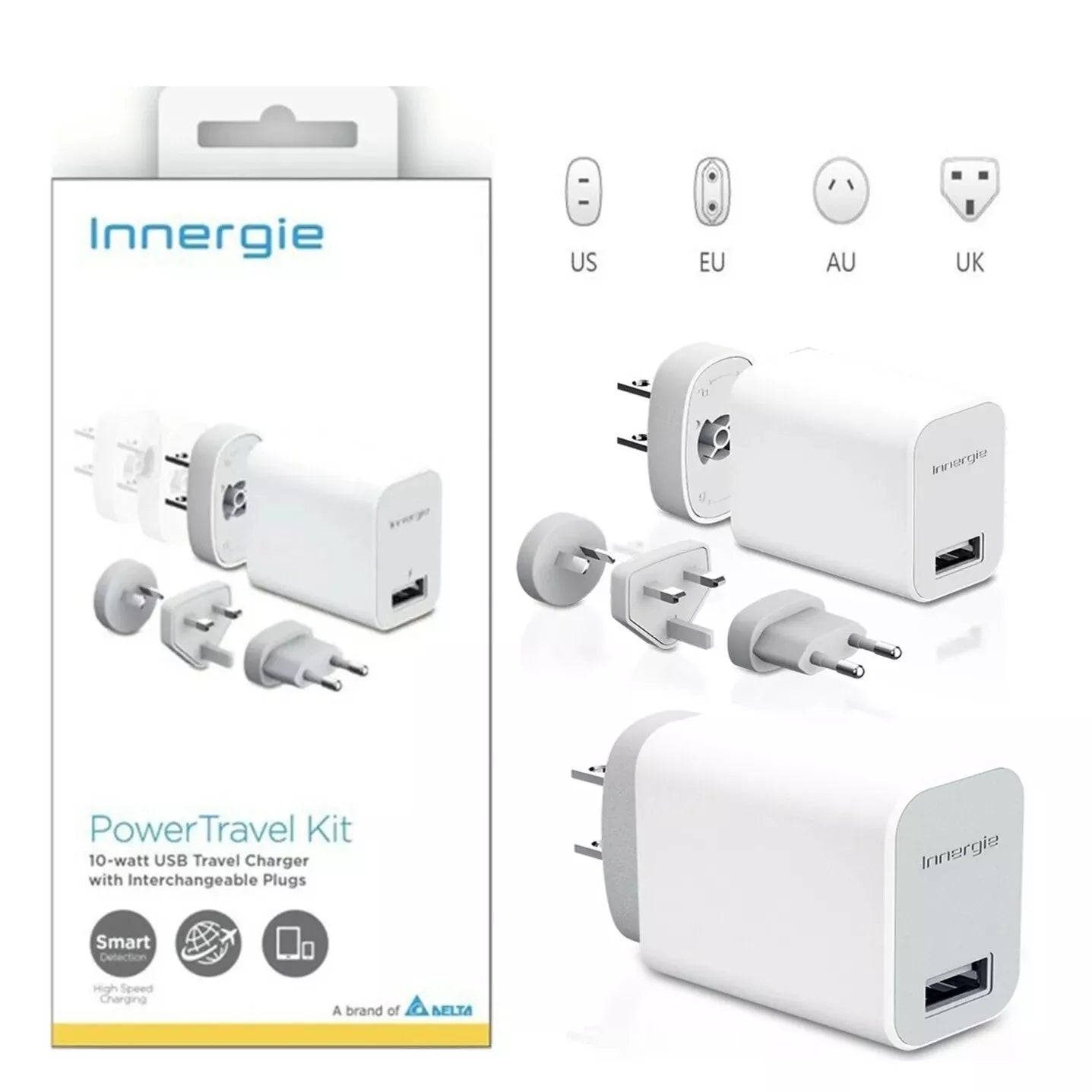 Innergie 2.1A Fast USB Charging Adapter Travel 10 Watt Kit 4 Plugs UK US EU AU
